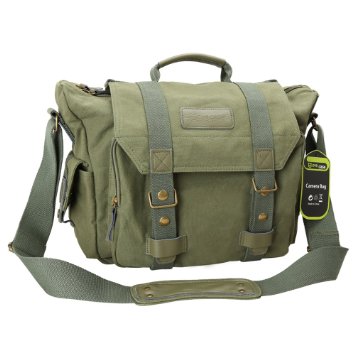 SLR Camera Bag Evecase Large Canvas Messenger SLRDSLR Camera Bag with Rain Cover for Digital Cameras Laptops and other Accessories - Olive Green