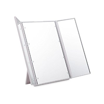 Putars Tabletop Three Folding Makeup Mirror with Led Light Rectangular,Vanity Mirror Button Battery Powered (white)