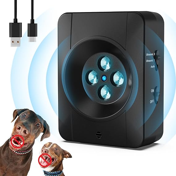 Anti Aboiement pour Chien, 4 émetteurs Puissants Ultrason Chien, Rechargeable Boitier Anti Aboiement Chien, 3 Modes Appareil Anti Aboiement Étanche Intérieur Exterieur pour Petits Grands Chiens