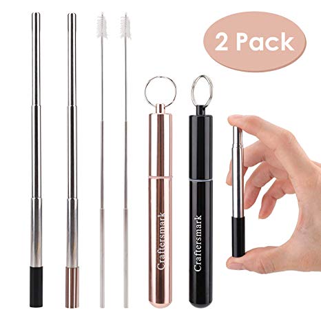 2 Pack Telescopic Straws Reusable Portable, Eco-friendly Drinking Metal Straws, Aluminum Case with Cleaning Brush for Travel Home Office Gift (Black Gold)