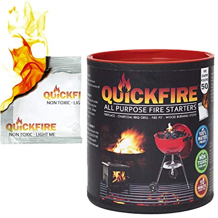QuickFire - FireStarters Voted #1 Camping & Charcoal BBQ Fire Starter. Burns up to 10 Min at over 750° - 100% Waterproof, Odorless And Non-Toxic - 50 Pack