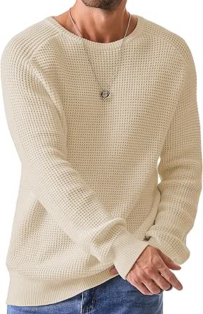 JMIERR Men's Crewneck Pullover Sweater Waffle Textured Knitted Sweaters Casual Loose Fit Sweaters with Ribbing Edge