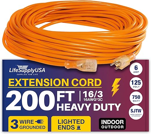 200 ft Power Extension Cord Outdoor & Indoor Heavy Duty 16 Gauge/3 Prong SJTW (Orange) Lighted end Extra Durability 6 AMP 125 Volts 750 Watts by LifeSupplyUSA