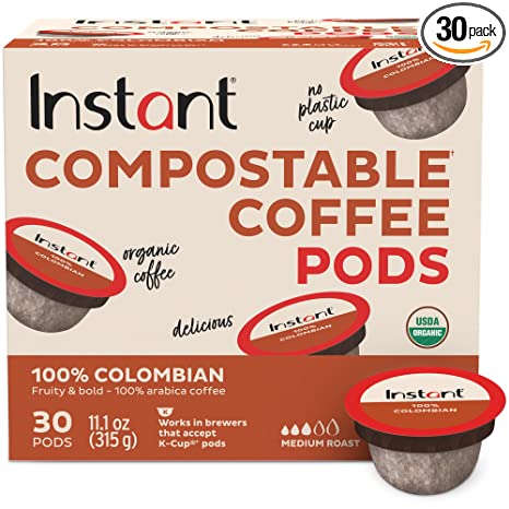 Instant Compostable Coffee Pods, 30 Plant-Based Coffee Pods, From the Makers of Instant Pot, Eco-Friendly, USDA Organic, Compatible with K-Cup Brewers, Columbian Blend