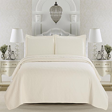 Emerson Collection 3-Piece Luxury Quilt Set with Shams. Soft All-Season Microfiber Bedspread and Coverlet in Solid Colors. By Home Fashion Designs. (Full/Queen, Pristine Ivory)