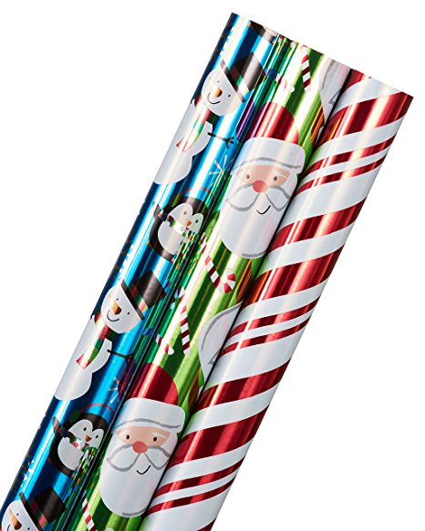 American Greetings Holiday Friends, Candy Cane Stripes, and Santa Christmas Foil Wrapping Paper, 3-Roll, 40", 90 Total Sq. Ft.