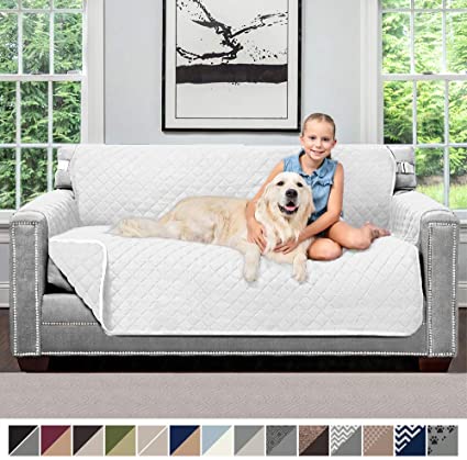 Sofa Shield Original Patent Pending Reversible Small Sofa Protector for Seat Width up to 62 Inch, Furniture Slipcover, 2 Inch Strap, Couch Slip Cover Throw for Pet Dogs, Cats, Sofa, White