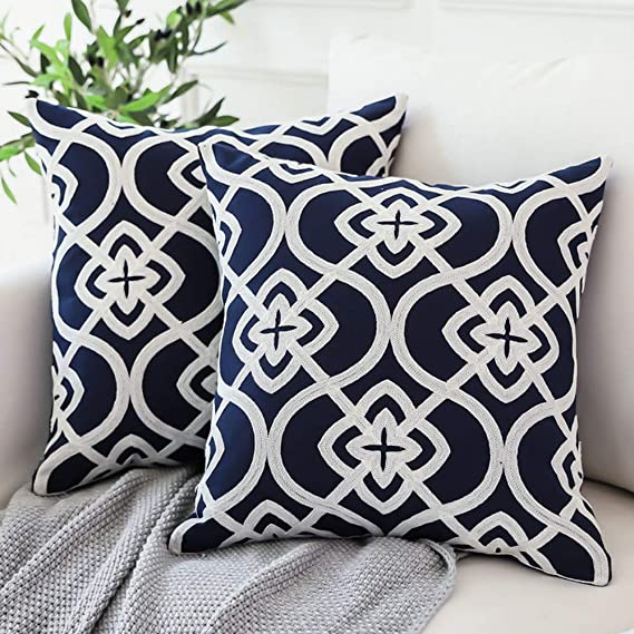 Fancy Homi 2 Packs Embroidery Decorative Throw Pillow Covers, Moroccan Style Patterns Square Pillow Case,Solid Cushion Cover for Couch/Sofa/Bedroom(Set of 2, 18 x 18 inch,Navy)