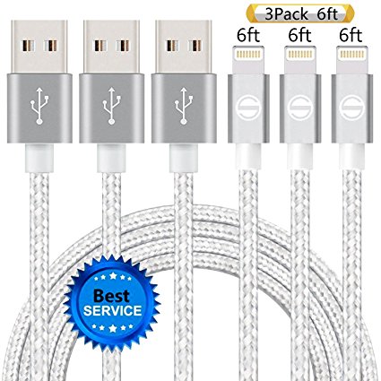 iPhone Cable SGIN,3Pack 6FT Nylon Braided Cord Lightning Cable Certified to USB Charging Charger for iPhone 7,7 Plus,6S,6 Plus,SE,5S,5,iPad,iPod Nano 7 - Silver Grey