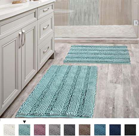 Non Slip Thick Shaggy Chenille Bathroom Rugs, Bath Mats for Bathroom Extra Soft and Absorbent - Striped Bath Rugs Set for Indoor/Kitchen (Set of 2-20" x 32"/17" x 24") Eggshell Blue