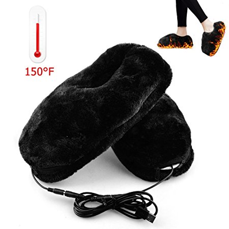 USB Heating Slipper Shoes,BIAL Unisex Furry Heated Warm Slippers,Comfortable Plush USB Electric Heaed Shoes to Keep Feet Warm for Women Men (Black)