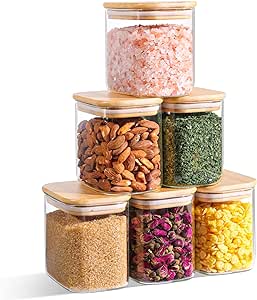 ComSaf 25oz Rectangle Glass Storage Containers with Lids, Glass Jars with Bamboo Lids, Clear Food Storage Jar, Sugar Coffee Containers, Small Pantry Storage Container for Tea Candy Nuts Spices