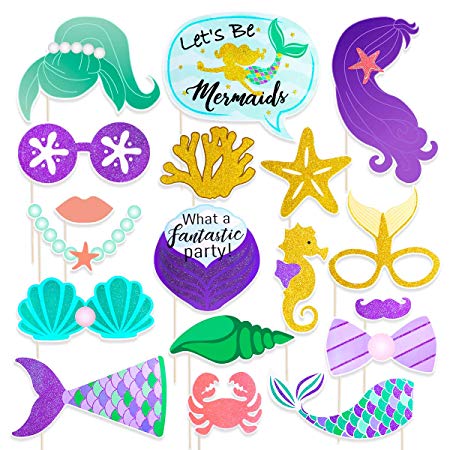 TINKSKY Mermaid Photo Booth Props 18 Pack Baby Shower Birthday Photo Props Fully Assembled Creative Mermaid Party Decorations,Perfect for Girls Birthday Gifts,Mermaid Birthday Party Supplies
