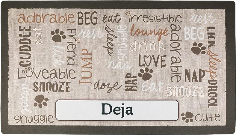 Drymate Personalized Pet Bowl Placemat, Custom Dog & Cat Food Feeding Mat - Absorbent Fabric, Waterproof Backing - Machine Washable/Durable (USA Made) (16" x 28") (Linen Tan)