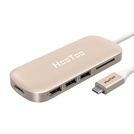 USB C Hub, HooToo Shuttle 3.1 Type C USB Hub with Power Delivery for Charging, HDMI Output, Card Reader, 3 USB 3.0 Ports for New MacBook Pro, New MacBook 12-Inch and More, Support 4K Resolution - Gold