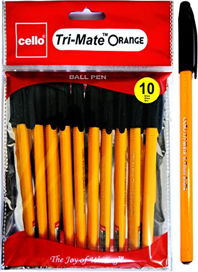 Cello Tri-Mate Orange Fancy Ballpoint Pens 1.0 mm Medium Point Biro Black Pens, Pack Of 10