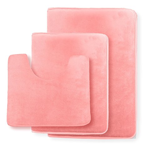 Clara Clark Non Slip Memory Foam Tub-Shower Bath Rug Set, Includes 1 Small Size 17 x 24 in. 1 Large Size 20 X 32 in. 1 Contour Rug 24 x 19 In. - Coral Pink