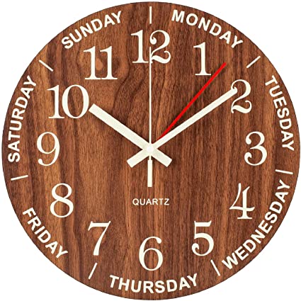 VECELO Wooden Wall Clock Modern Silent Luminous Decor, Quartz Battery Operated, Classic Glow Round for Living/Dining Room/Kids Bedroom/Kitchen, Brown