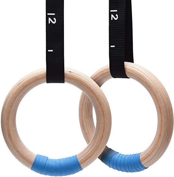 PACEARTH Wood Gymnastics Rings 1500lbs/992lbs with Adjustable Cam Buckle 14.76ft Long Straps Exercise Rings Non-Slip Training Rings for Home Gym Full Body Workout