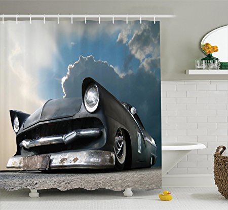 Ambesonne Manly Decor Collection, Custom Made Matt Show Car and Dramatic Sky Clouds Broken Classics Cloudscape, Polyester Fabric Bathroom Shower Curtain Set with Hooks, Dark Grey Iridium White