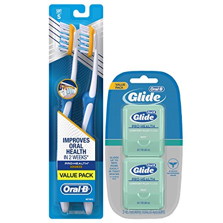 Oral-B Glide Pro-Health Comfort Plus Mint Flavor Floss Twin Pack 80 M & Oral-B Pro-Health Clinical Pro-Flex Soft Toothbrush, Colors May Vary, 2 Count Bundle