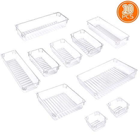 IPOW 10-Piece Desk Drawer Organizer Trays with 5 Different Sizes Clear Plastic Organizer Bins Drawer Dividers for Bedroom Dresser Bathroom Kitchen Office