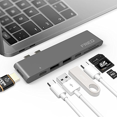 FRiEQ Type-C Hub Adapter for MacBook Pro - Includes 4k HDMI (30Hz) Video Output, 2 USB 3.0 ports and SD/Micro Card Reader Ports - Designed for 2016 / 2017 MacBook Pro with Thunderbolt 3 Ports - Gray