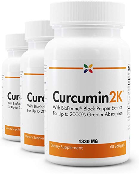 3-Bottle Pack - Curcumin2K Formula with BioPerine Black Pepper Extract for Up to 2000% Greater Absorption - Stop Aging Now - 60 Veggie Caps