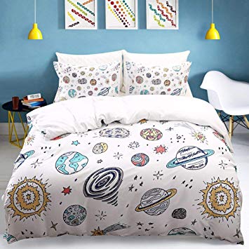 Erosebridal Space Planets Print Boys Duvet Cover Set Queen Size White Universe Theme Star Kids Girls Bedding Sets,Astronomy 3 Pieces Quilt/Comforter Cover Boy Bedding Collection with 2 Pillow Shams