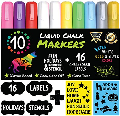 Chalk Markers by Vaci, Pack of 10   Holiday Stencils   16 Labels, Premium Liquid Chalkboard Neon Pens, Including Gold, Silver and Extra White Ink , Bullet or Chisel Reversible Tips
