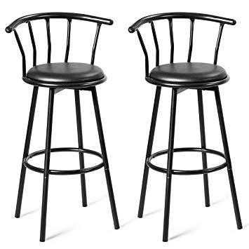 COSTWAY Bar Stools, Modern and Classic Rotatable Counter Pub PVC Leather Chairs, Round Padded Seat with Footrest & Back, Bar Pub Dining Room Kitchen Home Furniture (Pitch-Black, Set of 2)