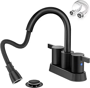 Phiestina Pull Down Sprayer Matte Black 4 Inch Bathroom Faucet，Centerset 2 Handle Pull Out Bathroom Sink Faucet with 360 Swivel Spout，Metal Pop-Up Drain and Water Supply Lines，BF04011-K01-MB