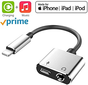 Headphones Adapter 3.5mm Aux Jack Adaptor Charger for iPhone 8/8Plus iPhone7/7Plus iPhone X/10 iPhone Xs/XSmax, 2 in 1 Earphone Audio Connector Jack Splitter Cable Accessories, Suppor IOS11-12 -Silver