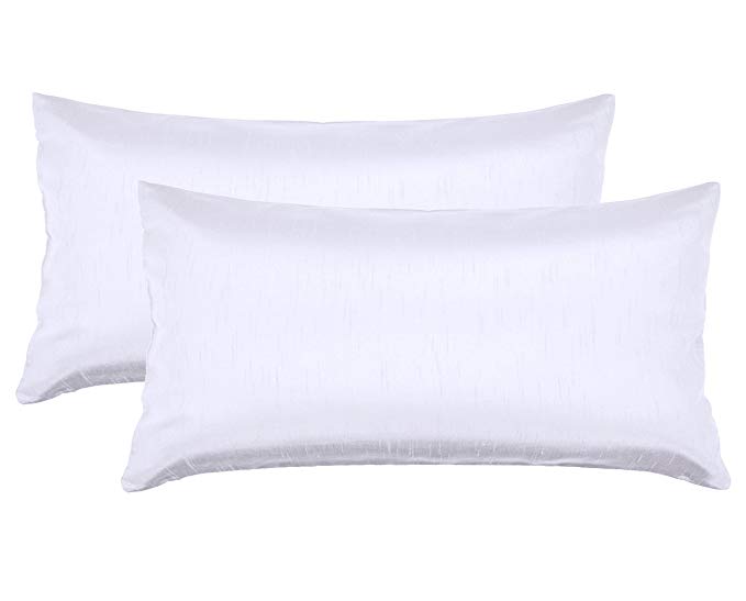 Aiking Home 12x24 Inches Faux Silk Rectangular Throw Pillow Cover, Zipper Closure, White (Set of 2)