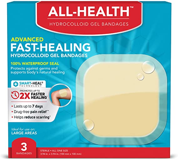 All Health Advanced Fast Healing Hydrocolloid Gel Bandages, Extra Large Wound Dressing, 3 ct | 2X Faster Healing for First Aid Blisters or Wound Care