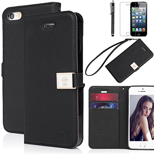 iPhone 5s case,iPhone SE case,iPhone 5 case,by Ailun,Wallet case,PU leather case,credit card holder,Flip Cover Skin[Black] with screen protect and styli pen