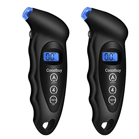Cooolbuy Digital 150 PSI Tire Pressure Gauge 4 Settings with Non-Slip Grip and Backlit LCD -Tire Valve Caps,Button Cells,Carry Bag Included (Black-2 Pack)