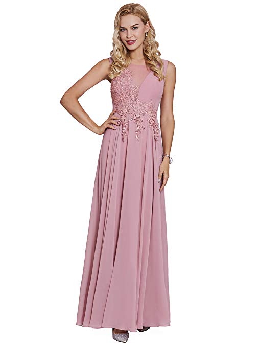 Tanpell Women's A Line Sheer Neck Appliques Long Bridesmaid Evening Gown