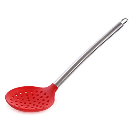 TOOGOO(R) Skimmer Slotted Spoon - With Strong Silicone Covering Head & Stay-cool Stainless Steel Handle Red   silver