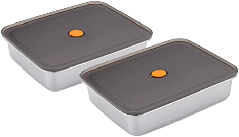 Navaris Stainless Steel Marinating Containers (Set of 2) - Metal Meat Marinade Container with Lid - Dishwasher Safe Food Storage 9.3" x 7.5" x 2.2"