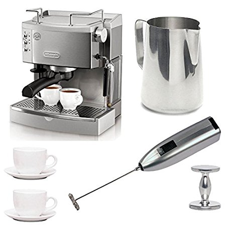 DeLonghi EC702 15-Bar-Pump Espresso Maker with Espresso Tamper, Frothing Pitcher, Two 3 oz Ceramic Tiara Espresso Cups and Saucers, and Knox Milk Frother