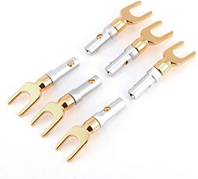 Zerone 6 Pcs 24K Gold Plated Y Plug Spade Connector 4mm Banana U Fork 45 Degree Speaker Wire Connector Spade Solder Free for Speaker DIY Cable Repair Kit