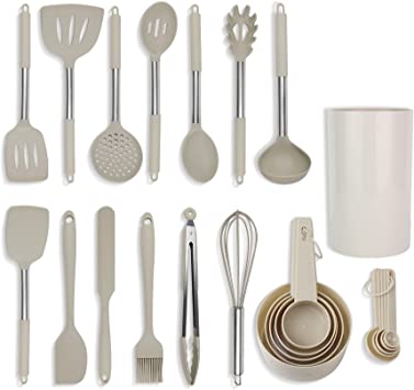 Culinary Couture 24-Piece Khaki Stainless Steel & Silicone Cooking Utensil Set, Heat-Resistant Cooking Utensils, Non-Scratching Kitchen Cooking Utensils, Includes a Bonus Recipe E-Book