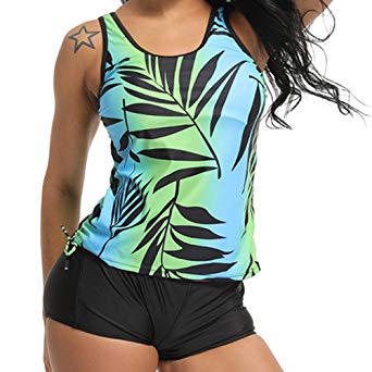 CROSS1946 Women's Halter Swimsuits Flower Printed Hipster Tankini Tops Boyshort Set