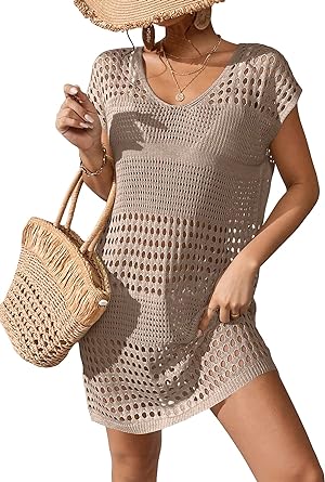 Milumia Women's Swimsuit Short Sleeve Crochet Cover Up Dress Hollow Out Knit Beach Dress