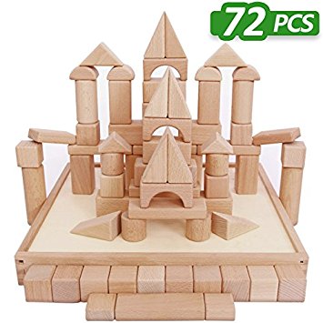 Kids Building Blocks Toys Set, 72 PCS Wood Blocks, Natural Wooden Stacking Cubes, Structure Tile Games, Educational and Activity Toy for Age 2, 3, 4, 5 Year Olds Up, Children, Toddlers - iPlay, iLearn
