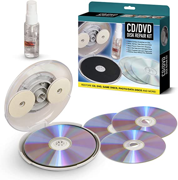 DVD CD Repair Kit with Cleaning Solution Included - Hand Powered CD DVD Cleaner and Scratch Remover Cleans and Polishes Discs with Minor Damage