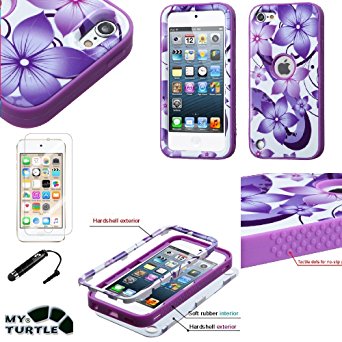 MyTurtle Shockproof Hybrid 3-Layer Hard Silicone Shell Cover with Stylus Pen and Screen Protector for iPod Touch 5th 6th Generation, Purple Hibiscus