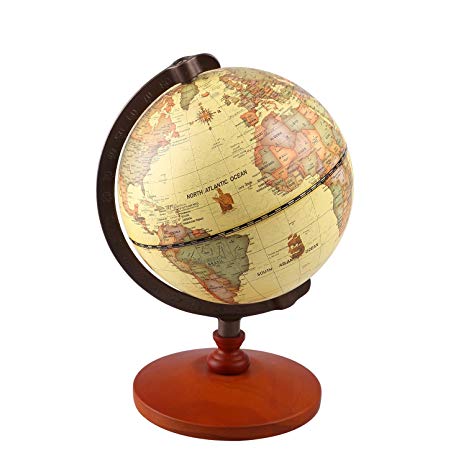 Vintage World Globe Antique Decorative Desktop Globe Rotating Earth Geography Globe Wooden Base Educational Globe Wedding GIFT With Magnifying Glass (14cm Diameter)