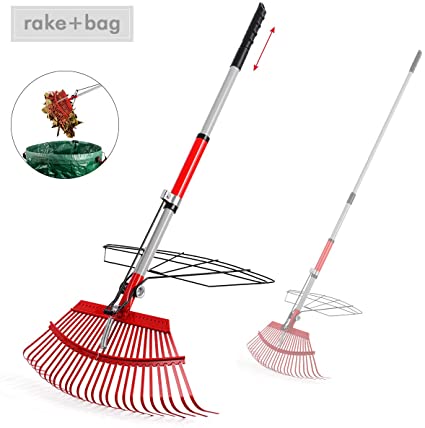 Garden Rake, 38”- 56”Leaf Rake with 72 Gal Reusable Garden Waste Bag,Adjustable Rake and Grabber Set for Gardener, 25 Tines Steel Head, 21” Wide, Harrow Outdoor Tools for Collect Leaves and Dead Grass